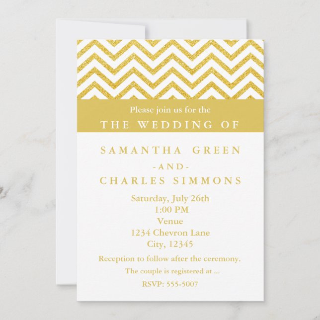 Invitations de mariage blanc et or Chevron moderne (Devant)