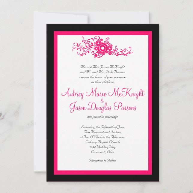 Invitations de mariage blanc noir et rose chaud (Devant)