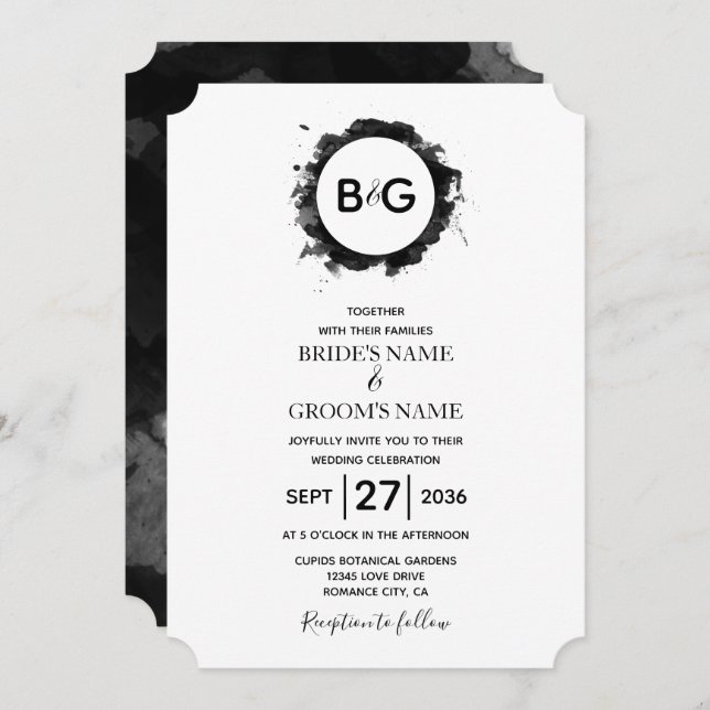 Invitations de mariage blanc noir simple (Devant / Derrière)
