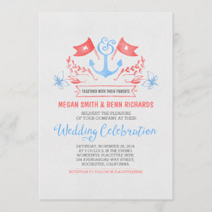 Invitations de mariage bleu corail à ancre marine