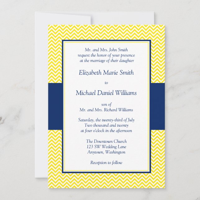 Invitations de mariage bleu et jaune de Navy Chevr (Devant)