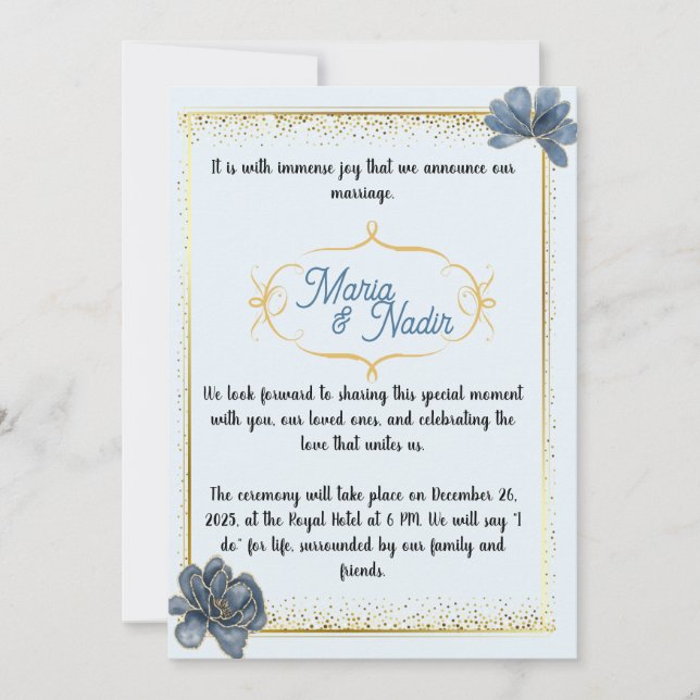 invitations de mariage bleu et or (Devant)