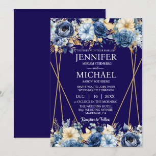 Invitations de mariage bleu et or de la Marine