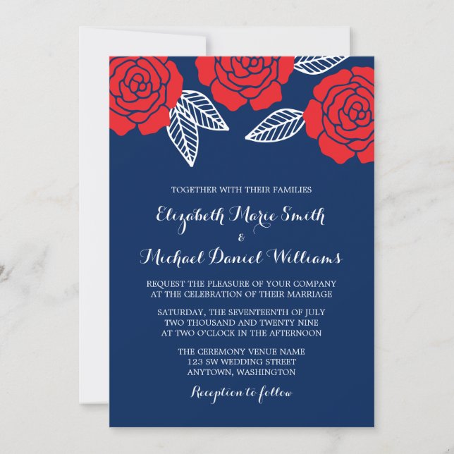 Invitations de mariage bleu et rouge de la Marine  (Devant)
