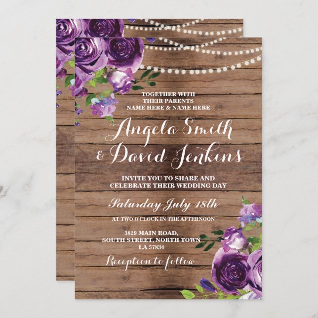 Invitations de mariage Bois rustique Purple Floral (Devant / Derrière)