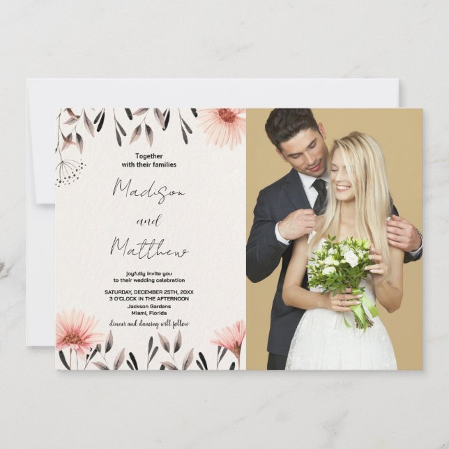 Invitations de mariage Brown aux fleurs avec photo (Devant)