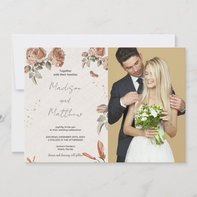 Invitations de mariage Brown aux fleurs avec photo (Devant)