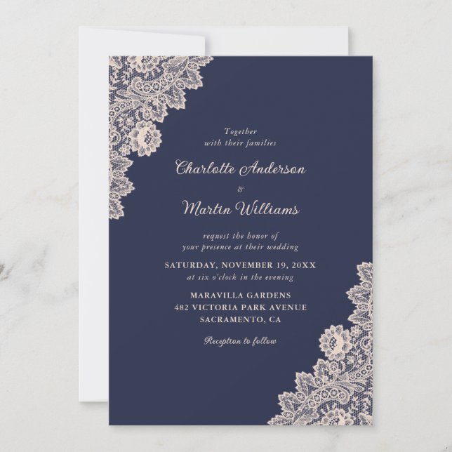 Invitations de mariage Champagne et Marine Blue La (Devant)