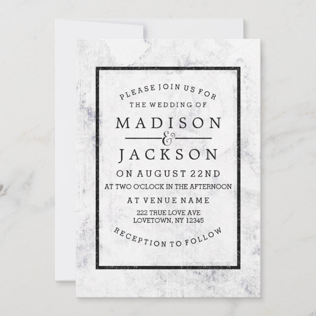 Invitations de mariage chic blanc et gris marbre (Devant)