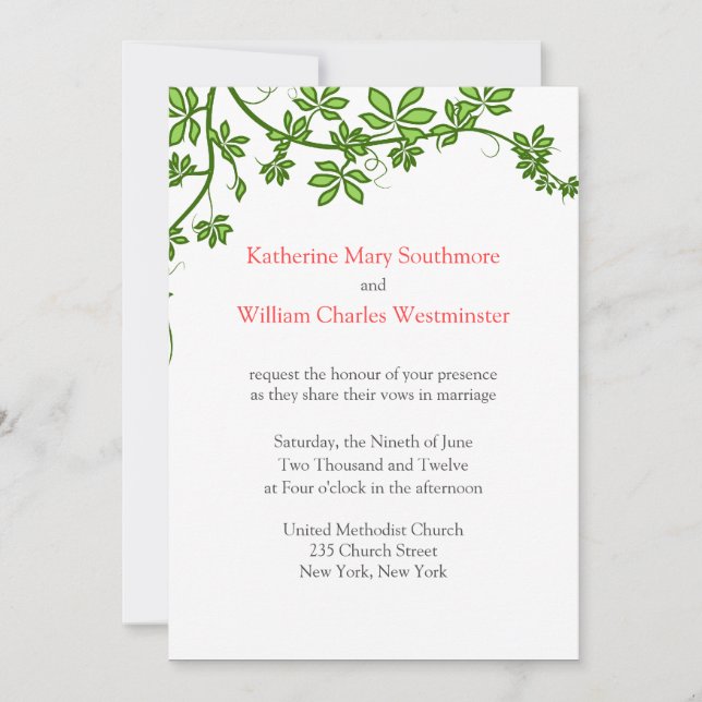 Invitations De Mariage Corail, Vert Et Blanc (Devant)