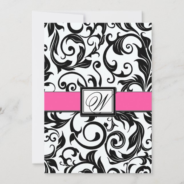 Invitations de Mariage damassé Black and Hot Pink (Devant)
