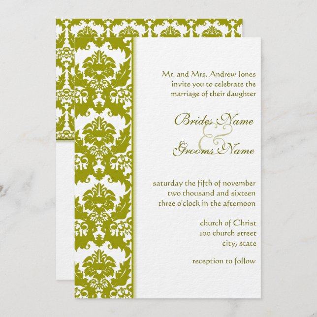 Invitations de Mariage damassé de chaux d'or d'oli (Devant / Derrière)