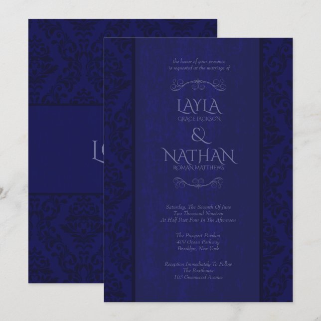 Invitations de mariage damassé de marine et de (Devant / Derrière)