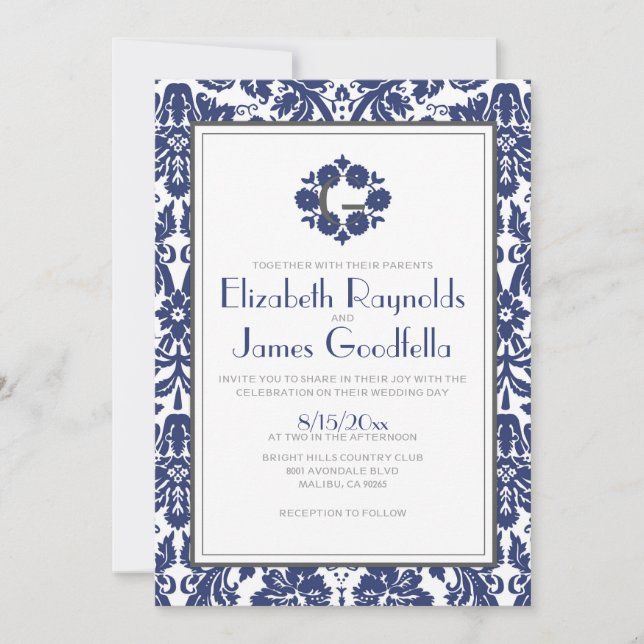 Invitations de mariage damassé de monogramme de (Devant)