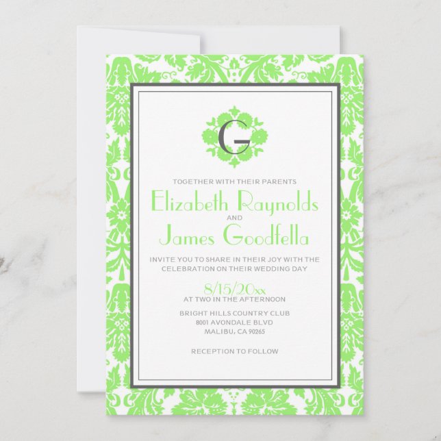 Invitations de Mariage damassé Monogrammes verts d (Devant)