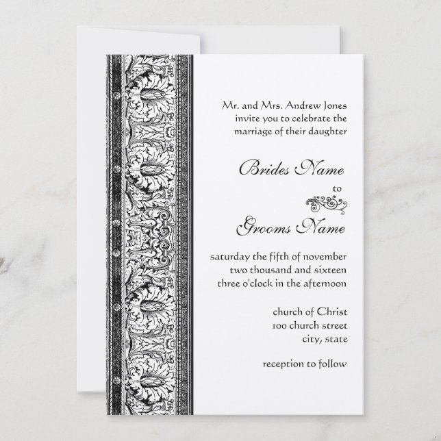 Invitations de Mariage damassé noir (Devant)