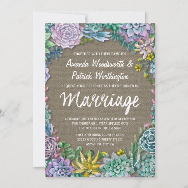 Invitations de mariage de Burlap Succulent et rust (Devant)