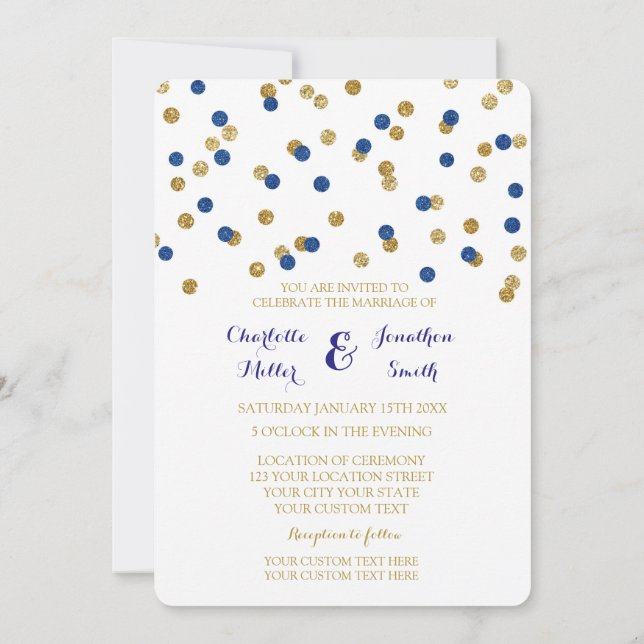 Invitations de mariage de confettis d'or de bleu (Dos)