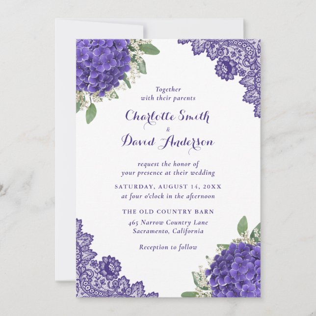 Invitations de mariage de dentelle d'Hydrangea vio (Devant)
