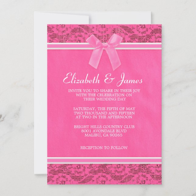 Invitations de mariage de dentelle rose et blanche (Devant)