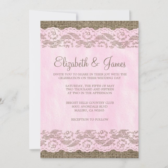 Invitations de mariage de dentelle rose et Brown (Devant)