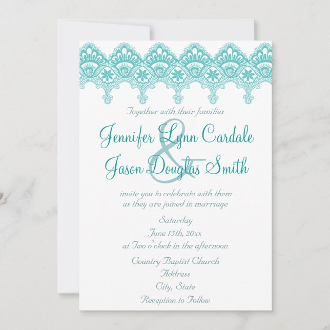 Invitations de mariage de dentelle Turquoise et él (Devant)
