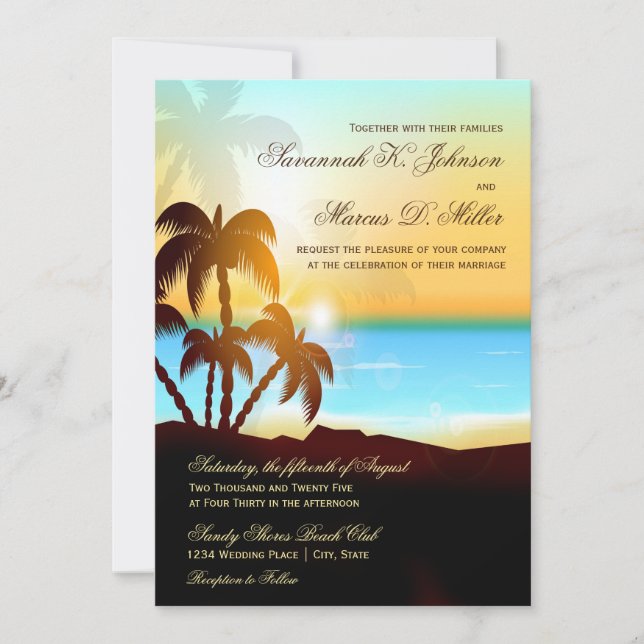 Invitations de mariage de destination de palmiers (Devant)