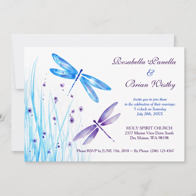 Invitations de mariage de libellules - Aquarelle b (Devant)