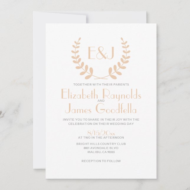 Invitations de mariage de monogramme de pêche (Devant)