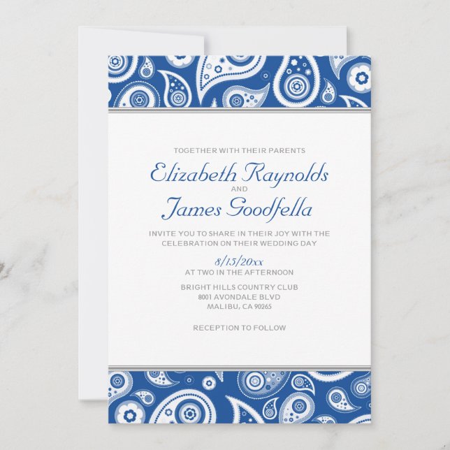 Invitations de mariage de Paisley de bleu royal (Devant)