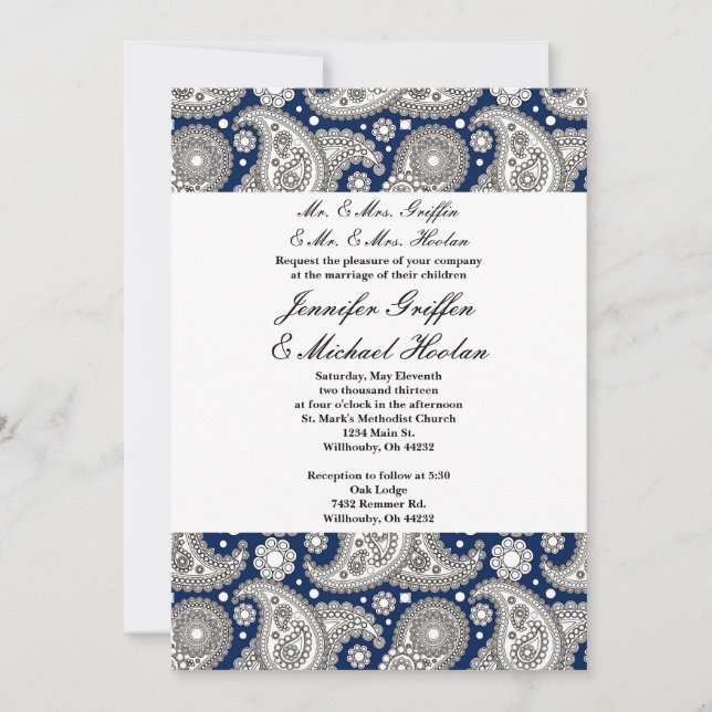 Invitations de mariage de Paisley de marine (Devant)