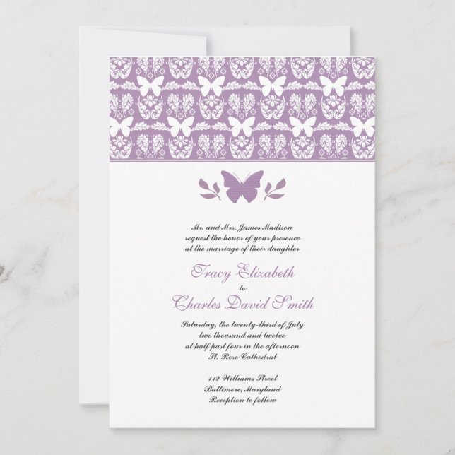 Invitations de mariage de papillons pourpres (Devant)