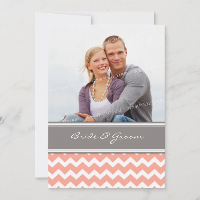 Invitations de mariage de photos corail gris Chevr (Devant)