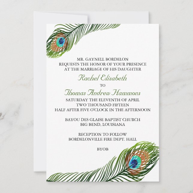 Invitations de mariage de plumes de paon (Devant)