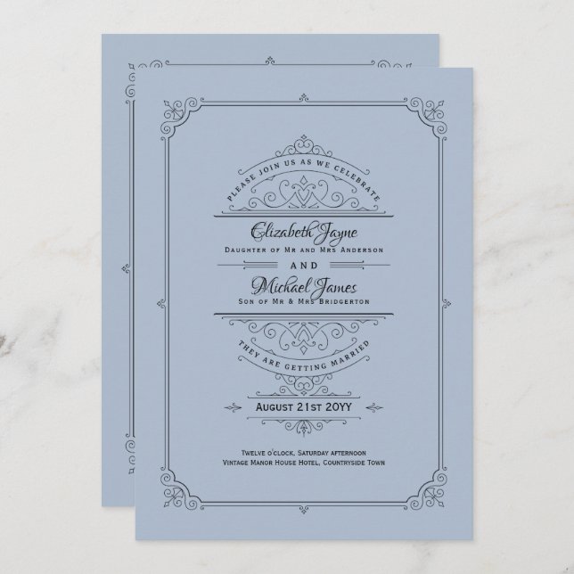 Invitations de mariage de régence Vintage Dusty Bl (Devant / Derrière)