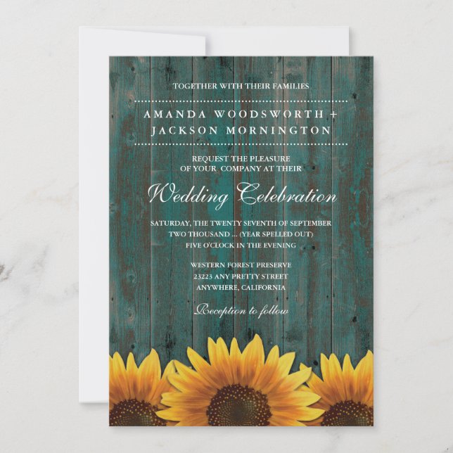 Invitations de mariage de tournesol turquoise et B (Devant)