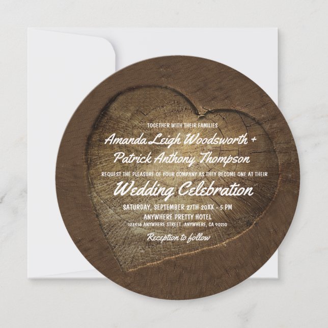 Invitations de mariage de tranches d'arbre sculpté (Devant)