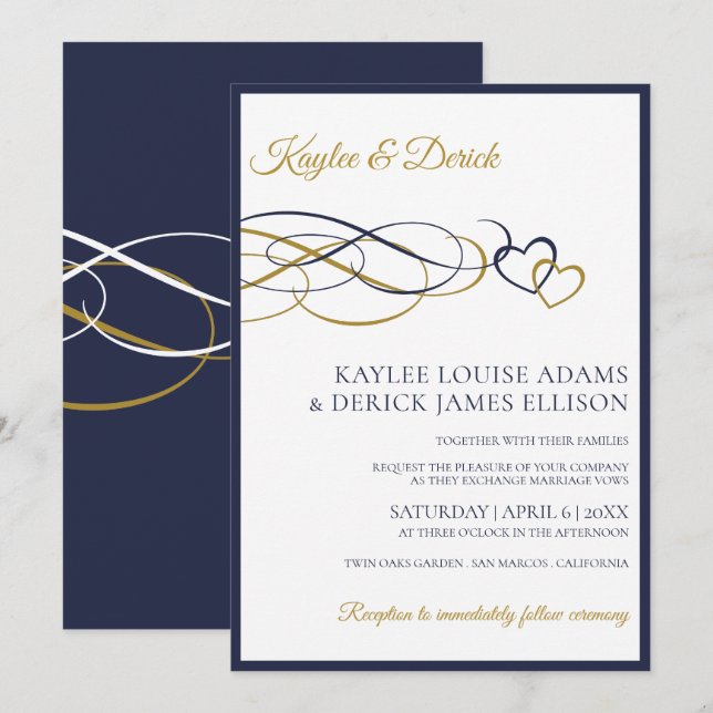 Invitations de mariage des coeurs | Dark Navy Blue (Devant / Derrière)