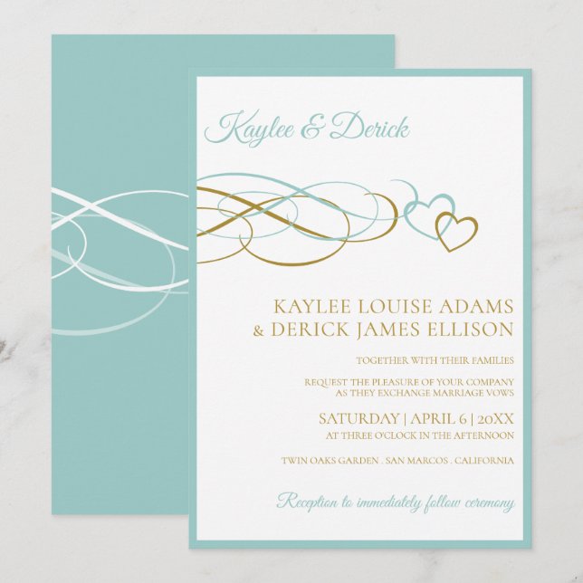Invitations de mariage des coeurs | Lt Turquoise & (Devant / Derrière)