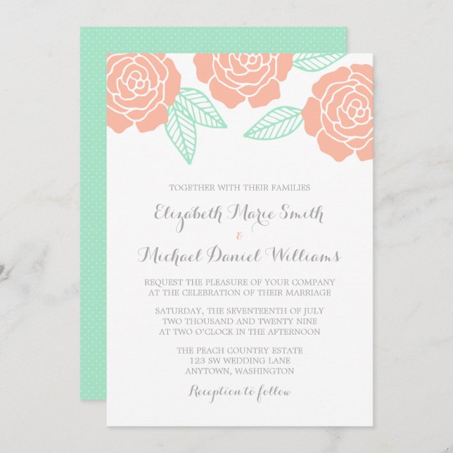 Invitations de mariage des Roses modernes Mint et  (Devant / Derrière)