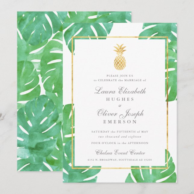 Invitations de mariage d'or à ananas tropical (Devant / Derrière)