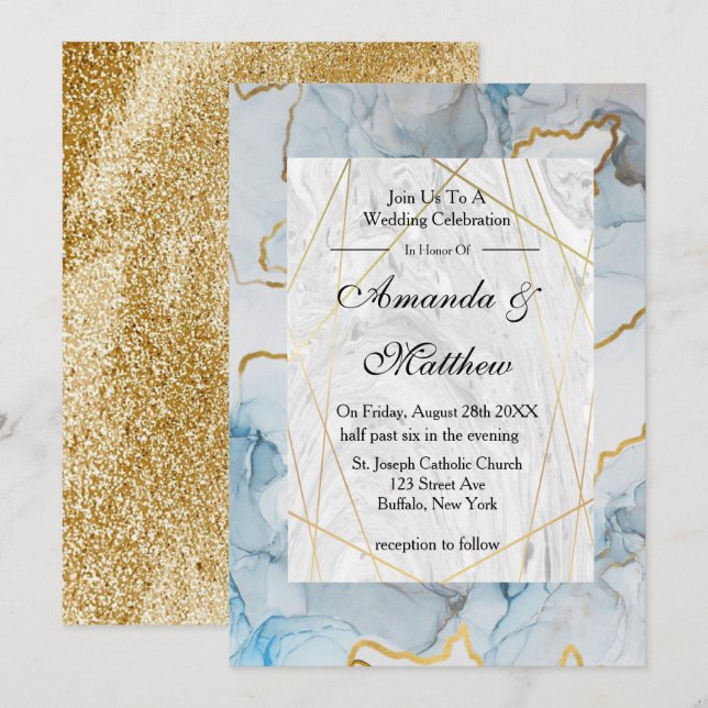 Invitations de mariage Dusty Blue et Gold Marble (Devant / Derrière)