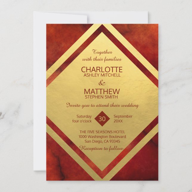 Invitations de mariage élégant en marbre rouge (Devant)