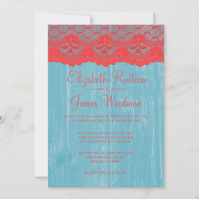 Invitations de mariage en bois de dentelle bleu et (Devant)