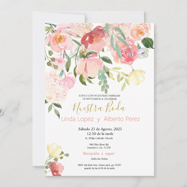 Invitations de mariage en espagnol rose (Devant)
