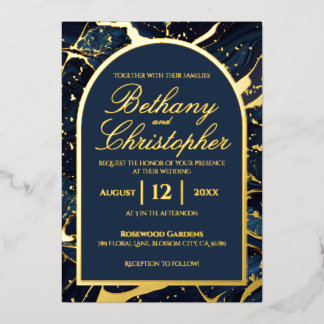 Invitations de mariage en marbre bleu et or Marine
