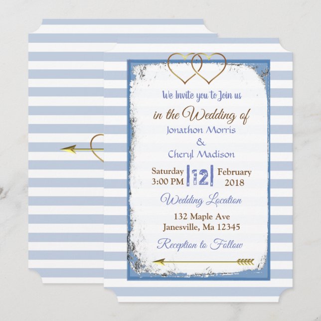 Invitations de mariage en or rayé bleu et blanc (Devant / Derrière)