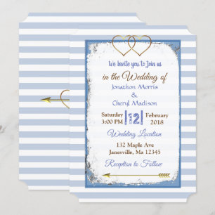 Invitations de mariage en or rayé bleu et blanc