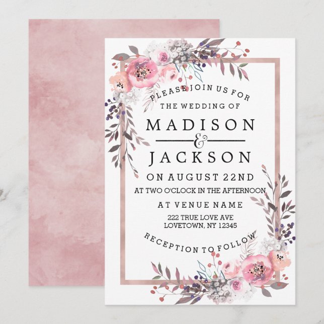 Invitations de mariage encadrées d'or Blush & Rose (Devant / Derrière)