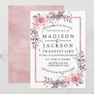 Invitations de mariage encadrées d'or Blush & Rose